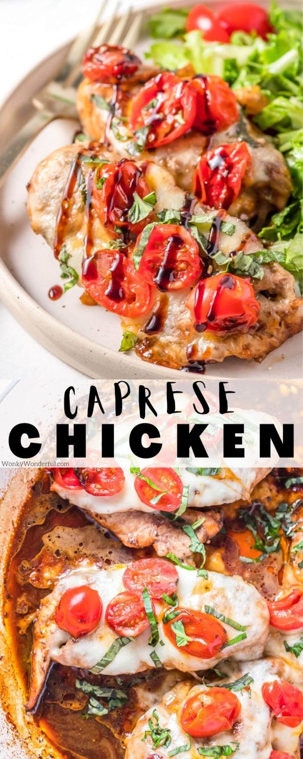 This Easy Chicken Caprese Recipe is a quick, easy flavorful weeknight dinner idea. Chicken breasts topped with mozzarella, tomatoes, basil and balsamic glaze. Perfect served with salad, rice or pasta. #chickencaprese #chickenrecipes #easydinnerrecipes chicken caprese pinnable image with title text