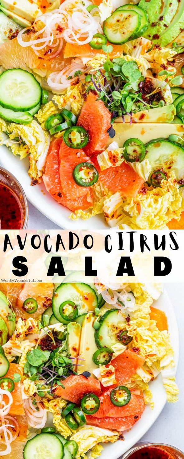 This Avocado Citrus Salad with Chili Lime Dressing is a bright, flavorful, fresh dinner salad. Serve as a side dish or add a protein to make this salad a meal. Cucumber, grapefruit, orange, avocado, peppers and pickled shallots in a spicy dressing. avocado citrus salad pinnable image with title text