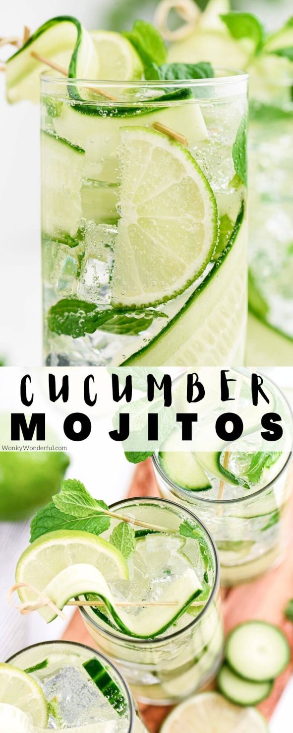 A Cucumber Mojito has to be one of the most refreshing cocktails. A blend of mint, lime and cucumber make this rum drink extra flavorful. cucumber mojito pinnable image with title text