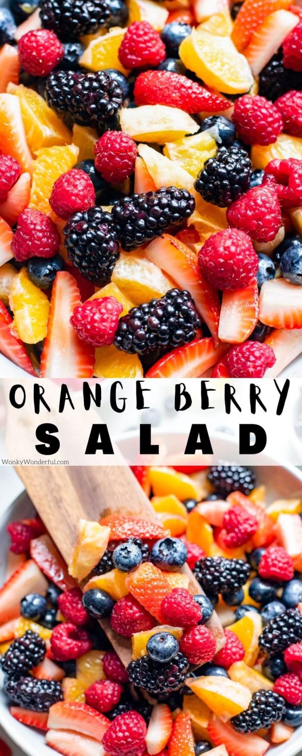 This Berry Fruit Salad Recipe is a blend of oranges and fresh berries tossed in honey lime dressing. A simple berry salad that is perfect for any occasion. fruit salad recipe pinnable image with title text