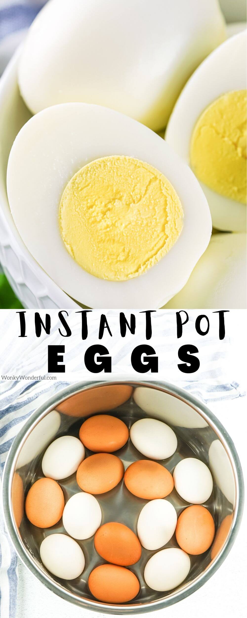 Instant Pot Hard Boiled Eggs are an easy way to make perfect hard boil eggs. Make a batch for deviled eggs, egg salad or Easter. #instantpotrecipes #instantpot #instantpoteggs #hardboiledeggs instant pot hard boiled eggs pinnable image with title text