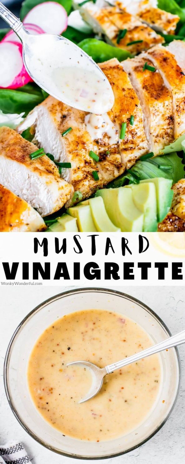This Creamy Mustard Vinaigrette is super easy to prepare and tastes great on just about any salad. Tangy mustard and vinegar balanced with creamy mayo and honey for a tasty dressing. mustard vinaigrette pinnable image with title text