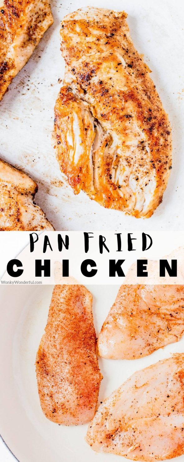 Pan Fried Chicken Breast is a quick and easy way to prepare chicken for dinner. Serve alongside vegetables, on top of salad, rice or pasta for a filling nutritious meal. pan fried chicken breast pinnable image with title text