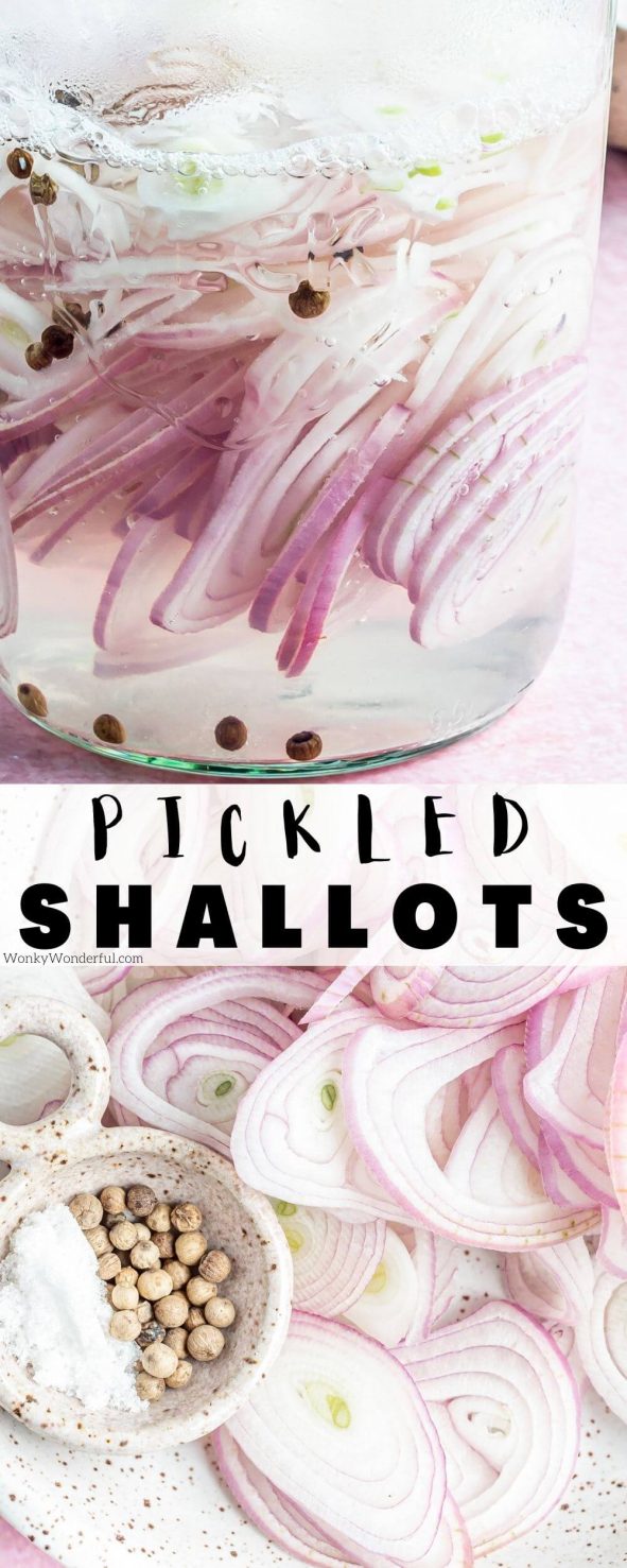 These Quick Pickled Shallots are easy to make and taste fantastic on salads, sandwiches, tacos and more. Tangy mild pickled onions are great on just about anything. pickled shallots pinnable image with title text