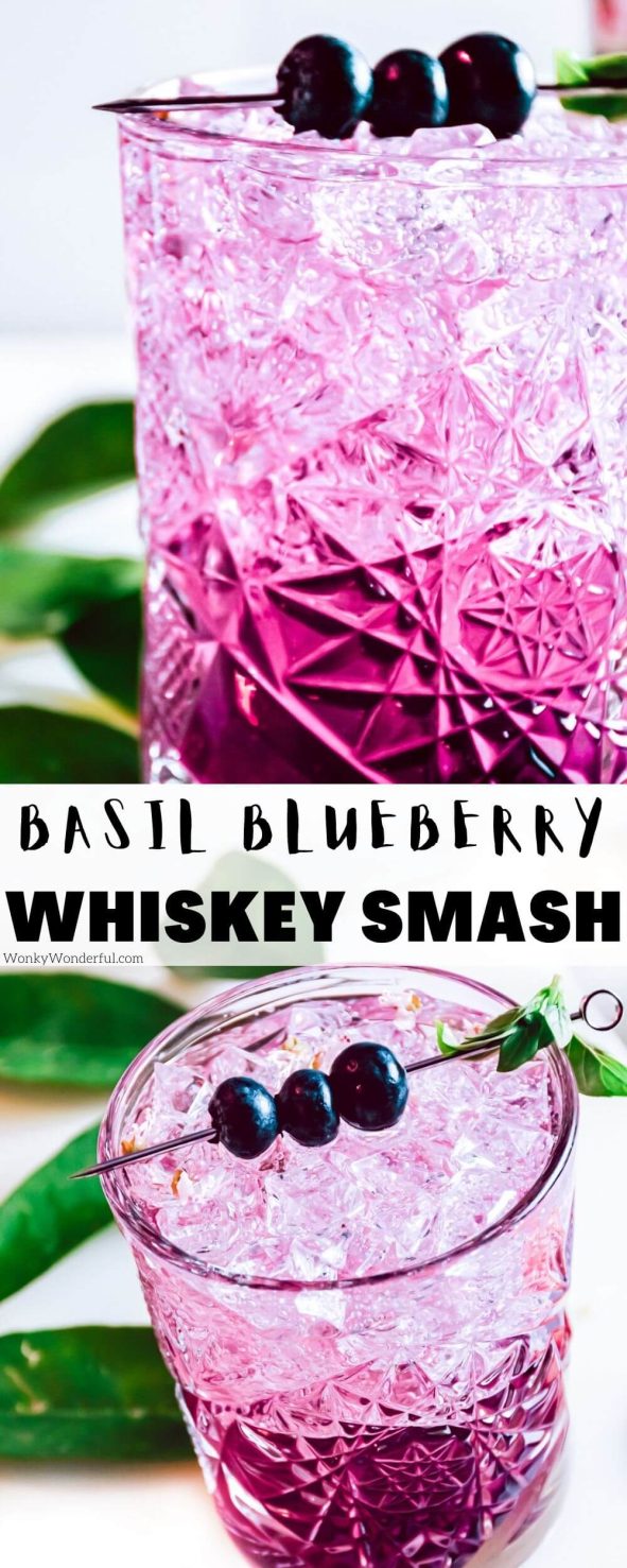A Basil Blueberry Whiskey Smash Recipe is a refreshing drink perfect for enjoying on a warm summer evening. The fantastic flavors of whiskey, basil and blueberry come together in this gorgeous cocktail. #cocktailrecipes #whiskeyrecipes whiskey smash recipe pinnable image with title text