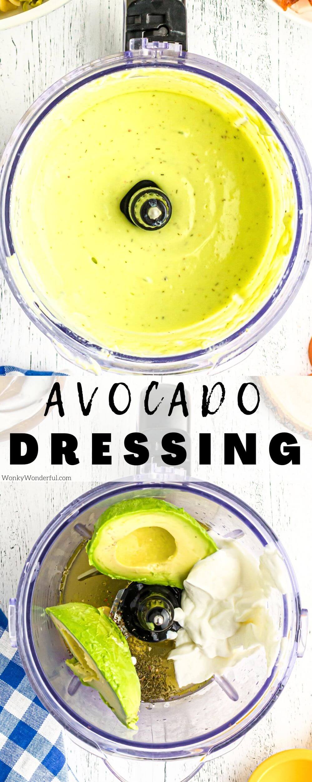 avocado dressing pinnable image with title text