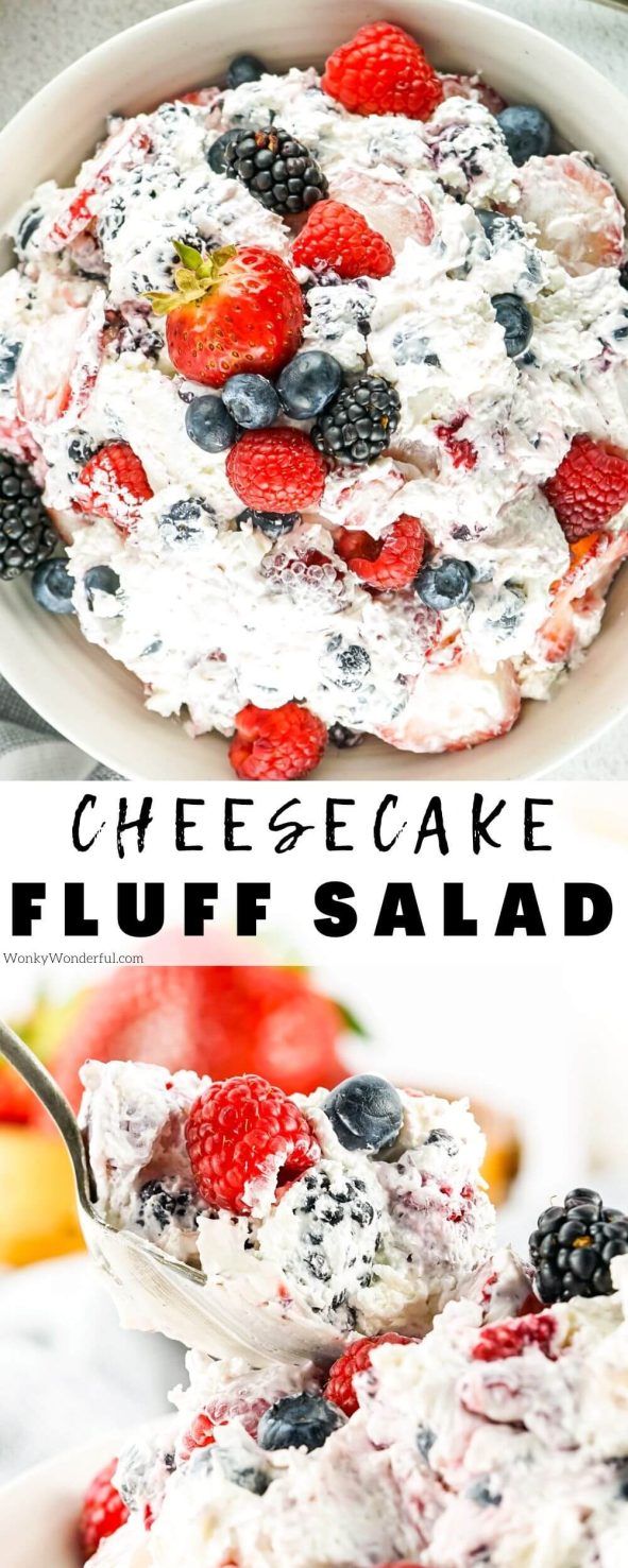 berry cheesecake salad pinnable image with title text