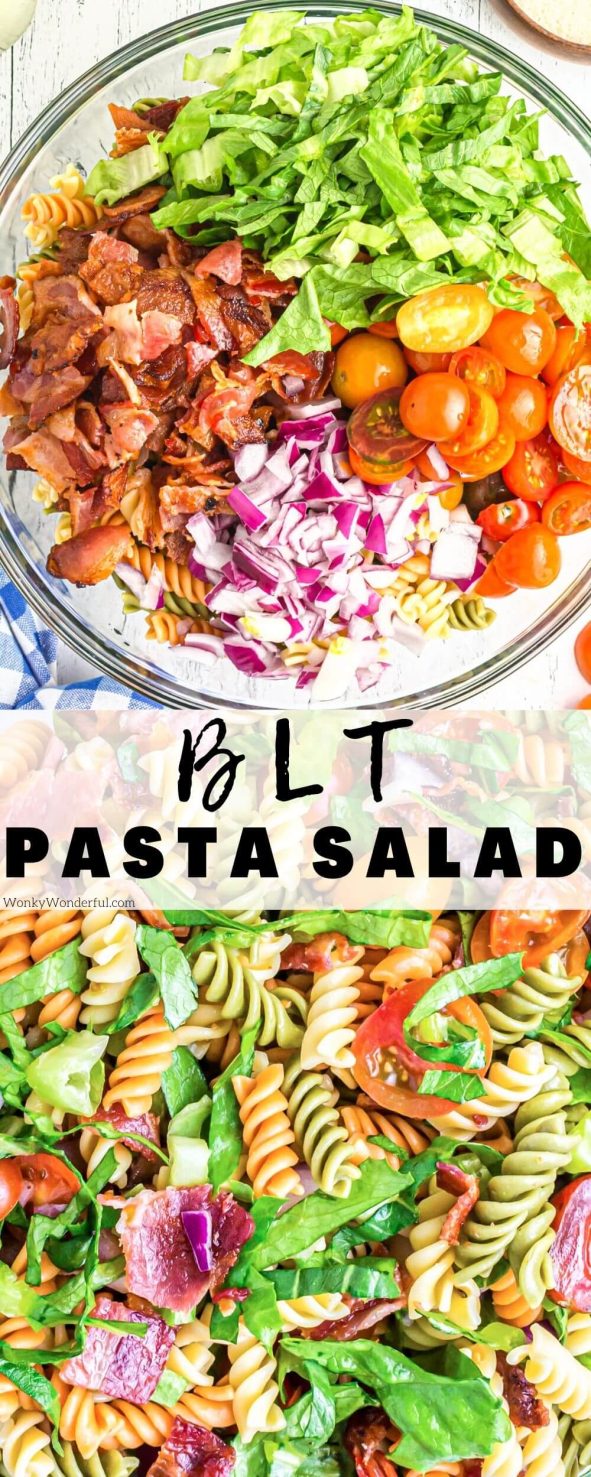 This BLT Pasta Salad Recipe with Creamy Avocado Dressing is a fresh, flavorful side dish made with pasta, bacon, lettuce and tomato. Perfect for potlucks, picnics, parties or dinner. blt pasta salad pinnable image with title text