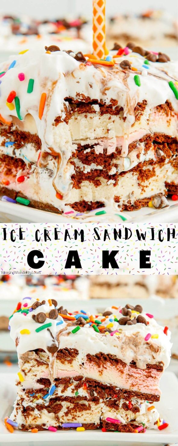 This Ice Cream Sandwich Cake is an easy festive birthday cake that comes together in no time. Layers of ice cream sandwiches, whipped topping, chocolate sauce and sprinkles make the best ice cream cake! ice cream sandwich cake pinnable image with title text