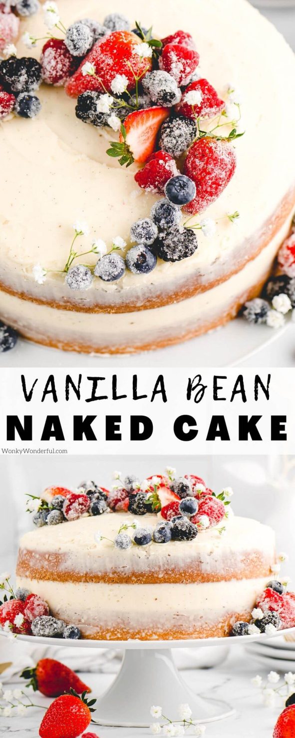 This vanilla bean layer cake is an absolute showstopper, and so easy to make! Fresh berries and rich vanilla bean buttercream frosting get sandwiched between two layers of moist vanilla bean cake. Cutting into the cake reveals the gorgeous, juicy fresh berries. This Vanilla Naked Cake is perfect for any celebration! vanilla naked cake pinnable image with title text
