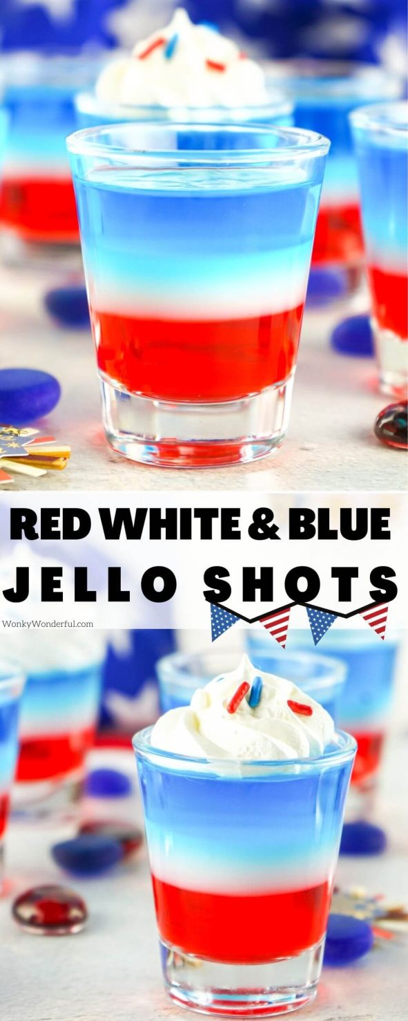 The 4th of July is going to be extra fun this year with these Red White and Blue Jello Shots. Jello shots layered with patriotic colors for a gorgeous adult treat. red white and blue jello shots pinnable image with title text