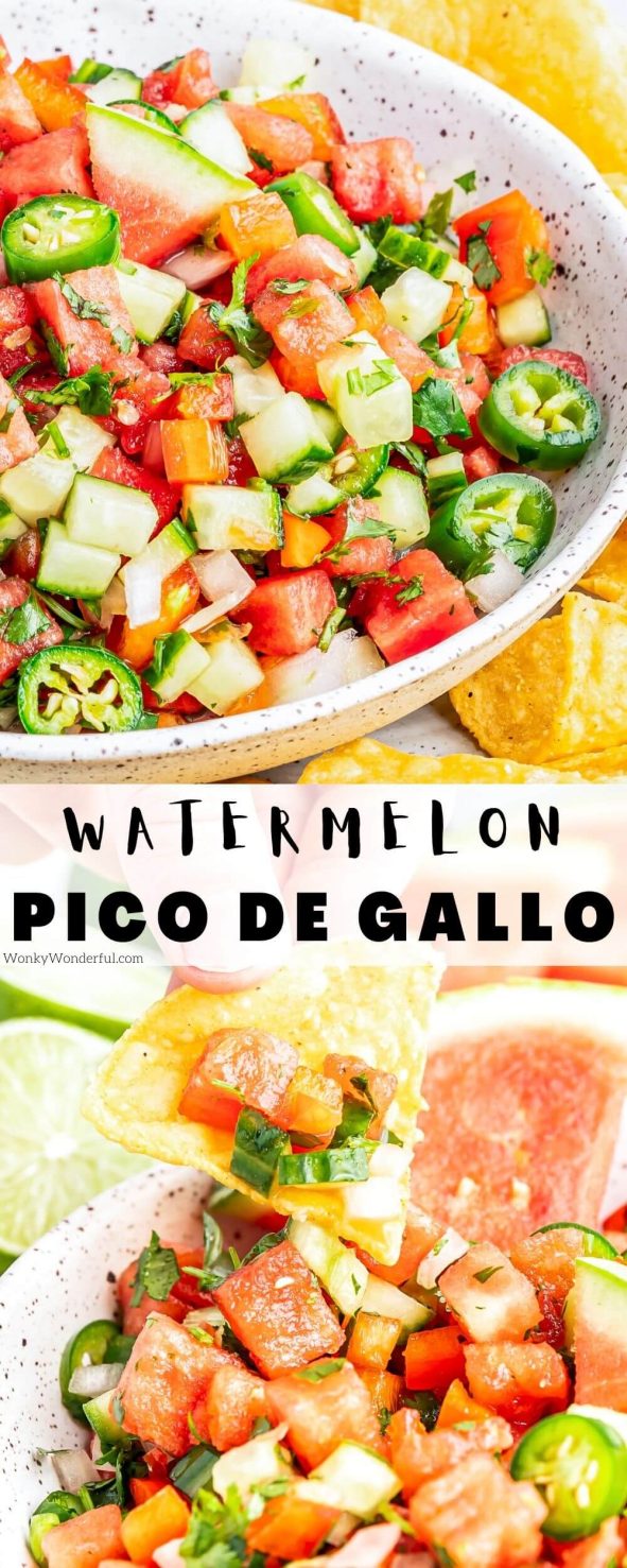 Cucumber Watermelon Salsa is a fresh, vibrant pico de gallo that is great with chips or served on top of fish and chicken. Watermelon, cucumber, bell pepper, onion, cilantro and lime make this salsa recipe unforgettable. watermelon salsa pinnable image with title text
