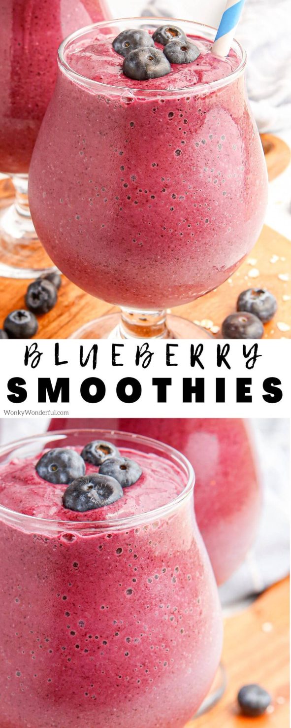 Make this Blueberry Smoothie Recipe for a quick, nutritious start to your day. Breakfast smoothies are a great way to add fruit and vegetables to your diet. blueberry smoothie pinnable image with title text