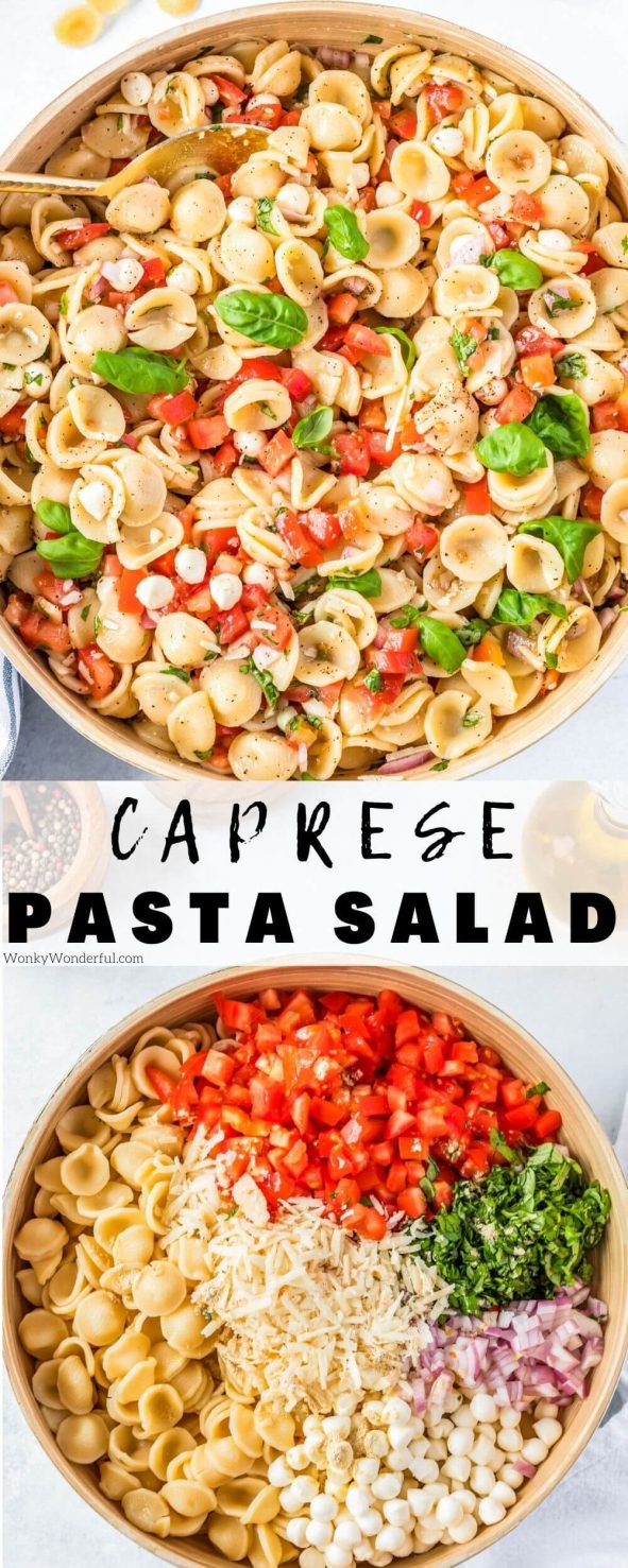 caprese pasta pinnable image with title text