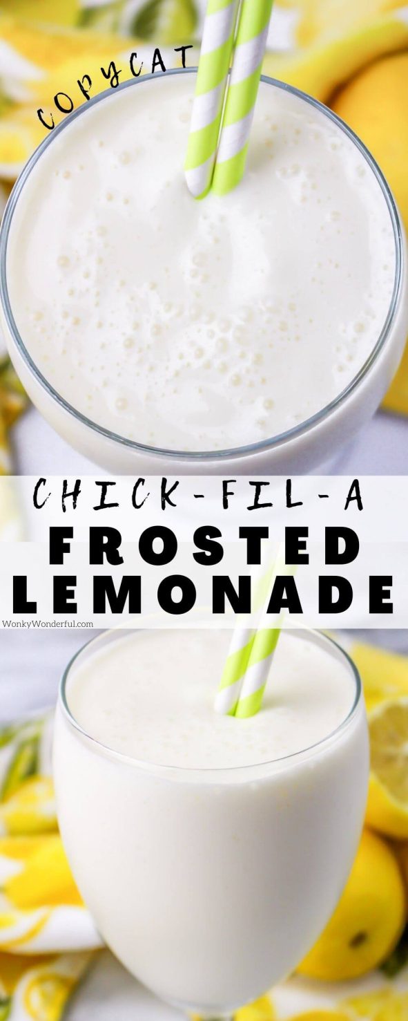 Skip the drive-thru and make this Copycat Chick-Fil-A Frosted Lemonade for a sweet, refreshing summertime treat. A simple blend of lemon, sugar, water, ice and ice cream creates this frothy dessert shake. frosted lemonade pinnable image with title text