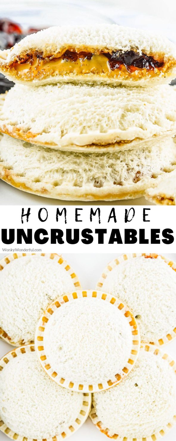 Less of a recipe, more of an idea, these Homemade Uncrustables will be hit with the kids! A simple PB&J cut and sealed into a fun crustless sandwich. Perfect for lunch, snacks or picnics. homemade uncrustables pinnable image with title text