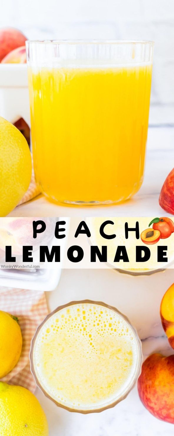 This Peach Lemonade Recipe is easy and ready in 5 minutes. Make this flavorful lemonade with fresh, canned or frozen peaches for the most refreshing beverage on a hot day. peach lemonade pinnable image with title text
