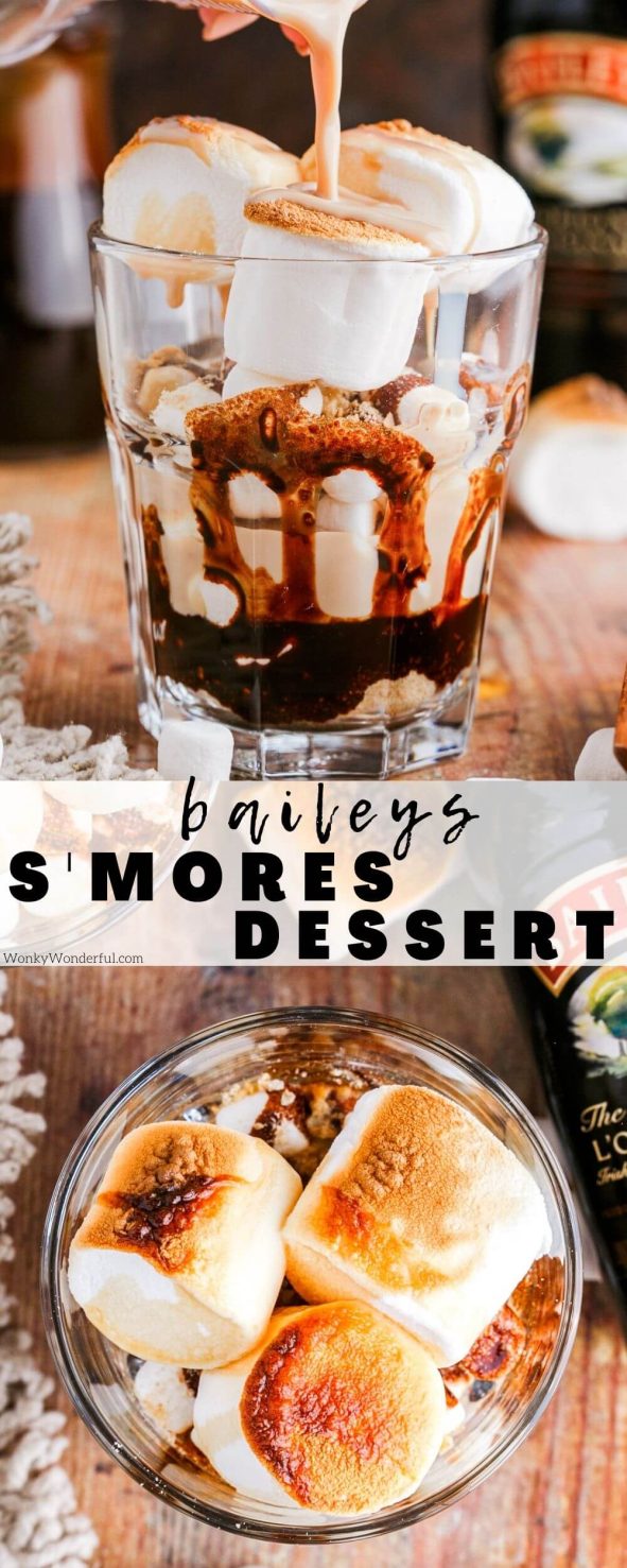 This easy Baileys Smores Dessert is great for a summer evening treat. Layers of graham crackers, marshmallows, chocolate syrup and Baileys Irish Cream. Add ice cream for an epic S'mores Ice Cream Sundae. baileys smores dessert pinnable image with title text