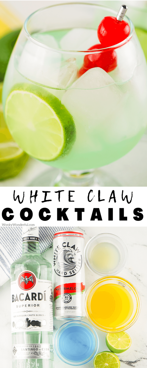 This Tropical White Claw Cocktail is the perfect poolside summertime drink. A simple blend of White Claw, pineapple, lime, blue curaçao and rum make this refreshing drink. white claw cocktail pinnable image with title text