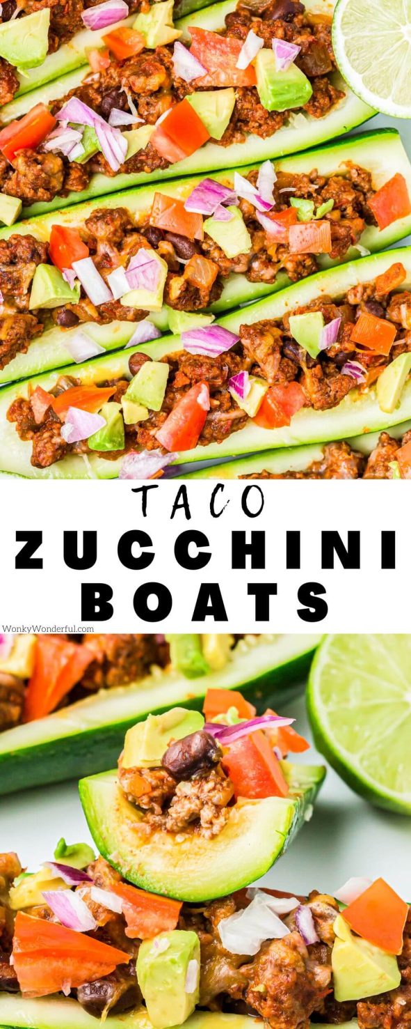 These Taco Stuffed Zucchini Boats are a fantastic healthy dinner idea. Zucchini stuffed with taco flavors is a great way to use up all that zucchini that took over your garden. taco Stuffed Zucchini boats pinnable image with title text