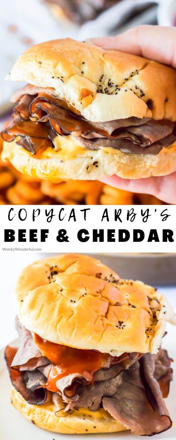 Skip the drive-thru and make this Copycat Arbys Beef And Cheddar right at home. Onion buns, roast beef, cheddar sauce and the secret red bbq sauce make the ultimate lunch or dinner meal. arbys beef and cheddar pinnable image with title text