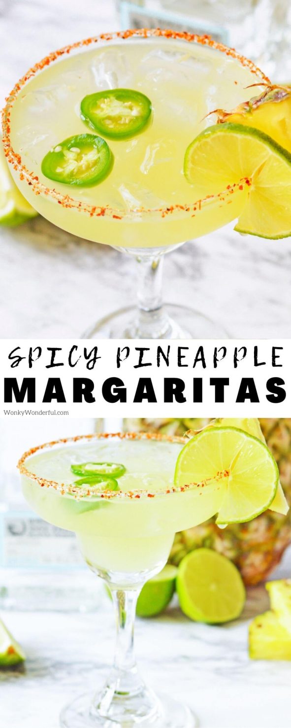 Make a Pineapple Jalapeno Margarita for a spicy twist to your favorite summertime drink. A pineapple margarita with fresh jalapenos and a spicy rim. pineapple jalapeno margarita pinnable image with title text