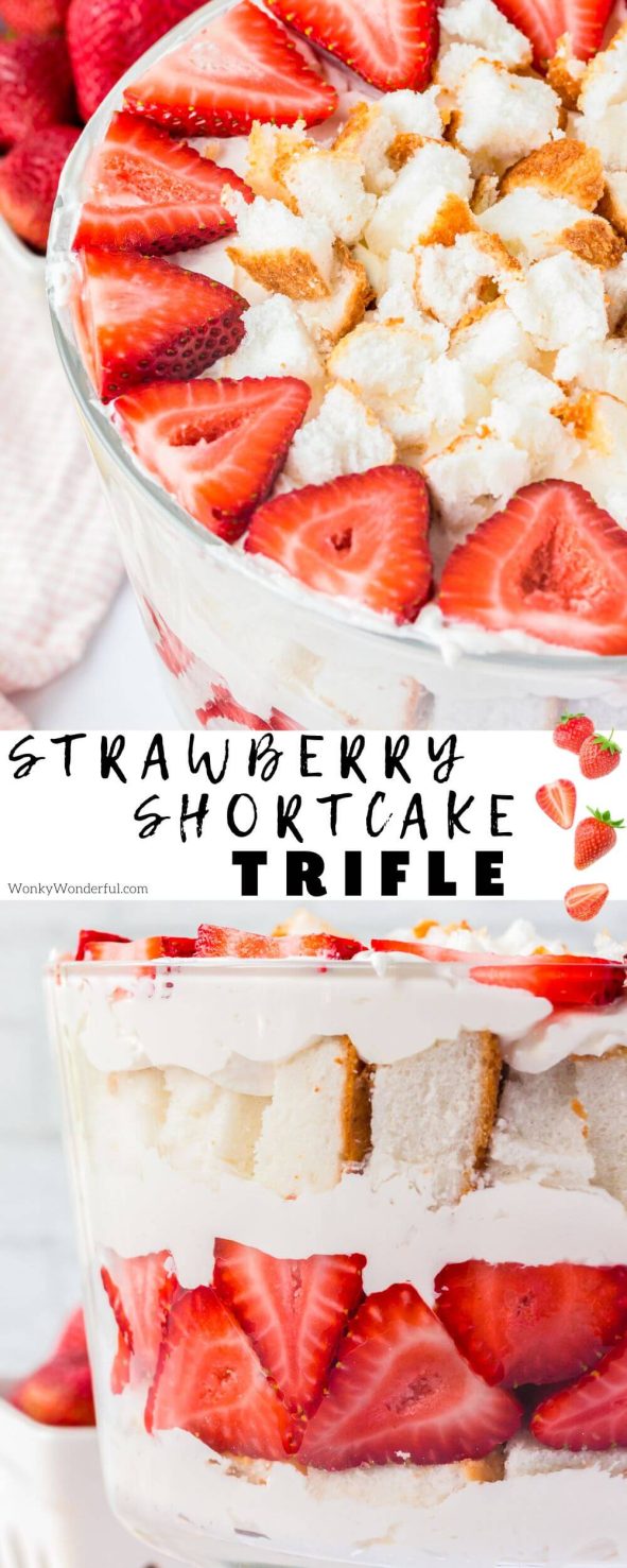 Make this Strawberry Shortcake Trifle as the ultimate summer dessert. Everyones favorite strawberry dessert recipe made into a layered show-stopping dish. Perfect for parties, potlucks, holidays and barbecues. strawberry shortcake trifle pinnable image with title text