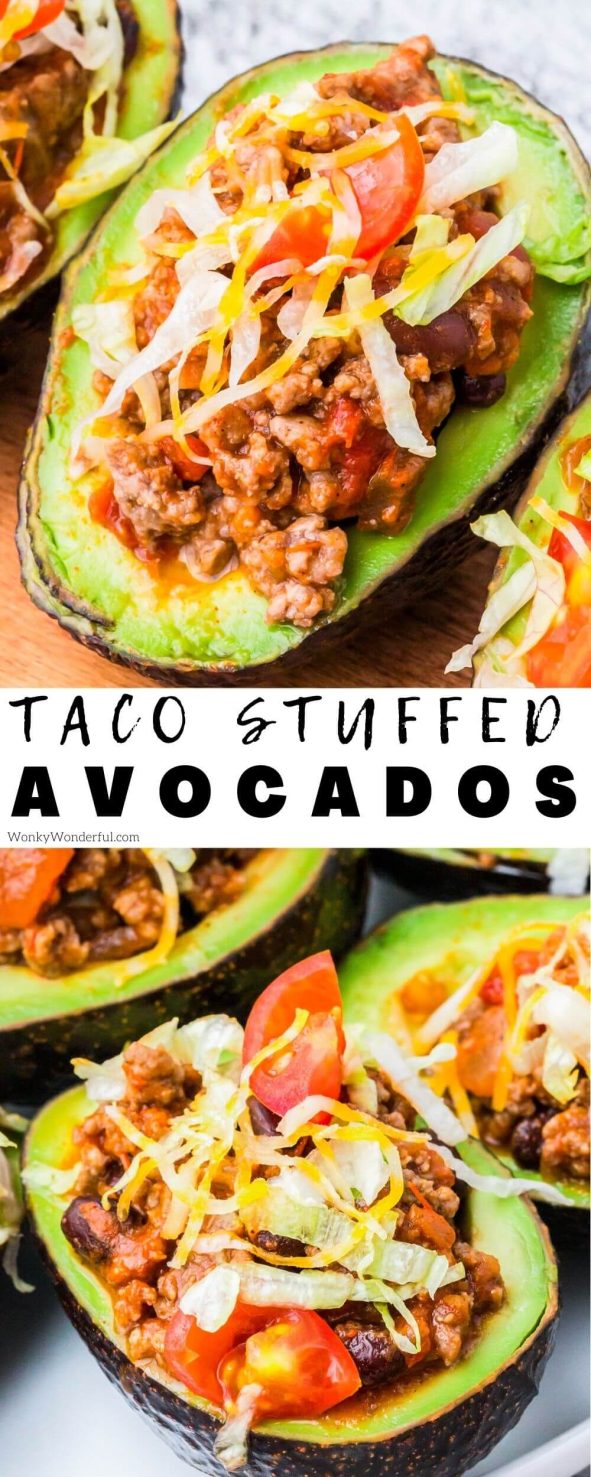 These Taco Stuffed Avocados are fun and nutritious way to enjoy Taco Tuesday dinner! Fresh avocados filled with all of your favorite taco fixings. taco stuffed avocados pinnable image with title text