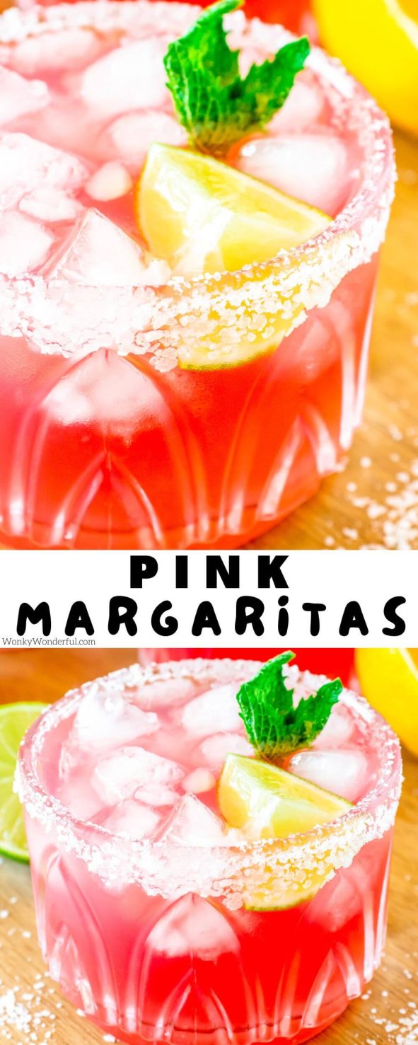 pink margaritas pinnable image with title text