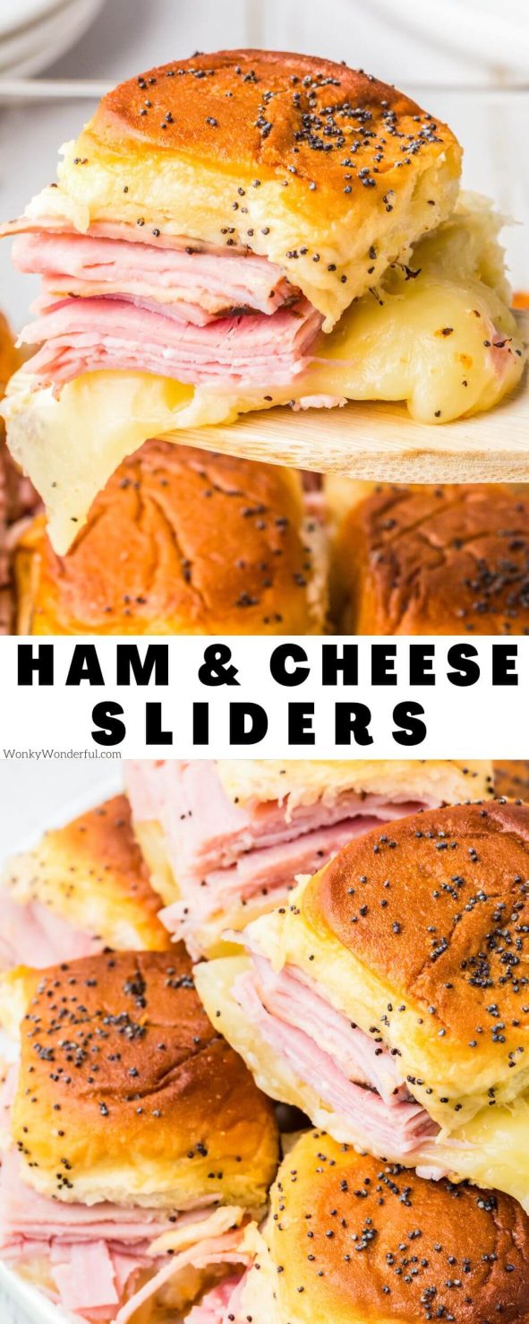 Make these Ham & Cheese Hawaiian Roll Sliders to feed your hungry crowd for dinner, parties, game-day and holidays. Perfectly baked soft rolls filled with ham and cheese then slathered with a honey dijon poppyseed topping. Hawaiian roll sliders pinnable image with title text