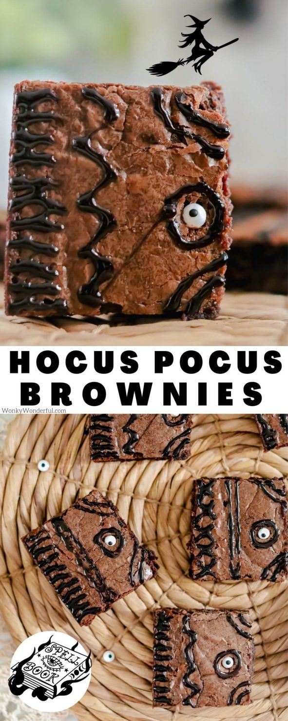 Make these Hocus Pocus Brownies for a quick, easy and fun Halloween or movie night dessert. Box brownies decorated to look like the Hocus Pocus Book, just in time for the new Hocus Pocus movie. Hocus pocus brownies pinnable image with title text