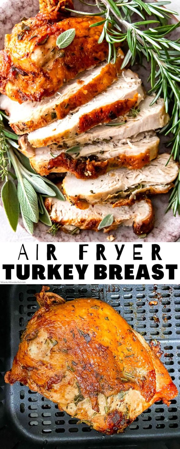 air fryer turkey breast pinnable image with title text
