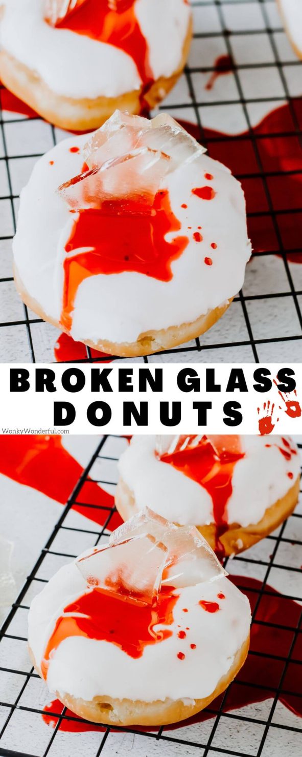 Make up a batch of these Broken Glass Candy Donuts for Halloween breakfast or for horror movie night. Your preferred donuts topped with thick white glaze, edible glass candy and corn syrup blood. glass candy donuts pinnable image with title text