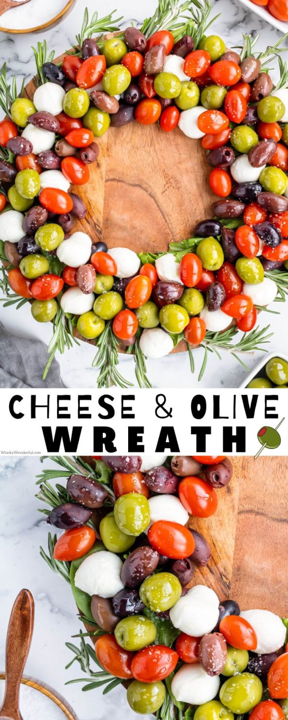 Serve this Mozzarella Cheese and Olive Wreath as a fun festive holiday appetizer or snack. This super easy appetizer has mozzarella balls, kalamata olives, castelvetrano olives and tomatoes. Perfect for Christmas feasts. cheese and olive wreath pinnable image with title text