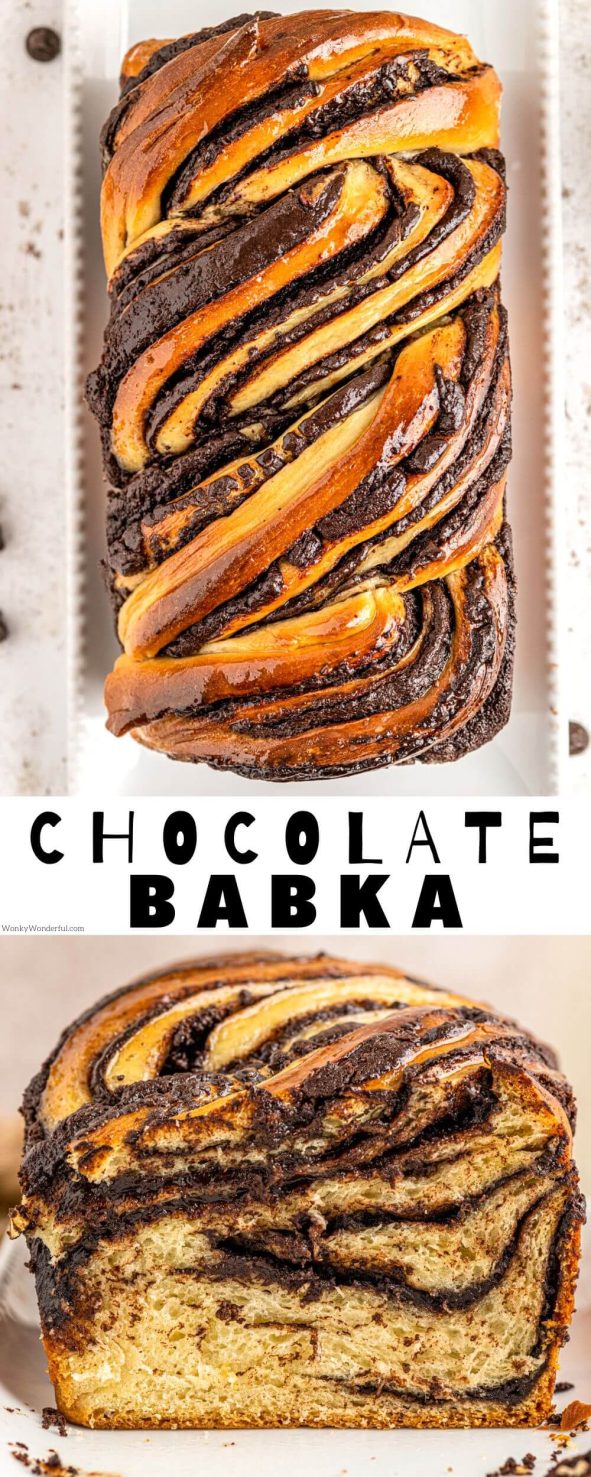 chocolate babka pinnable image with title text