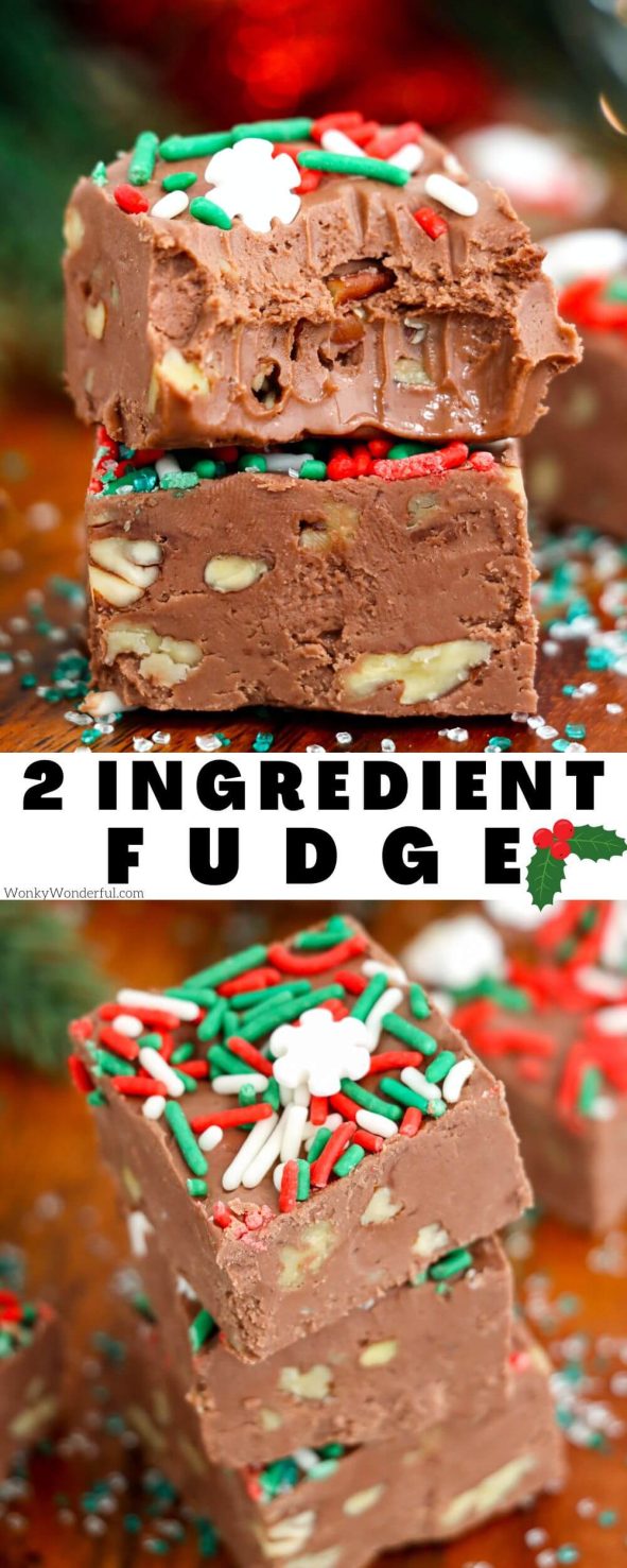 This 4 Ingredient Microwave Chocolate Fudge Recipe is the easiest way to make Christmas Fudge. Chocolate chips and a tub of vanilla frosting make the base then add pecans and sprinkles for a fabulous holiday dessert. chocolate fudge recipe pinnable image with title text