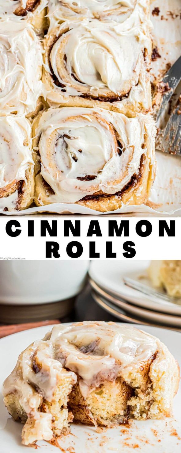 cinnamon rolls recipe pinnable image with title text