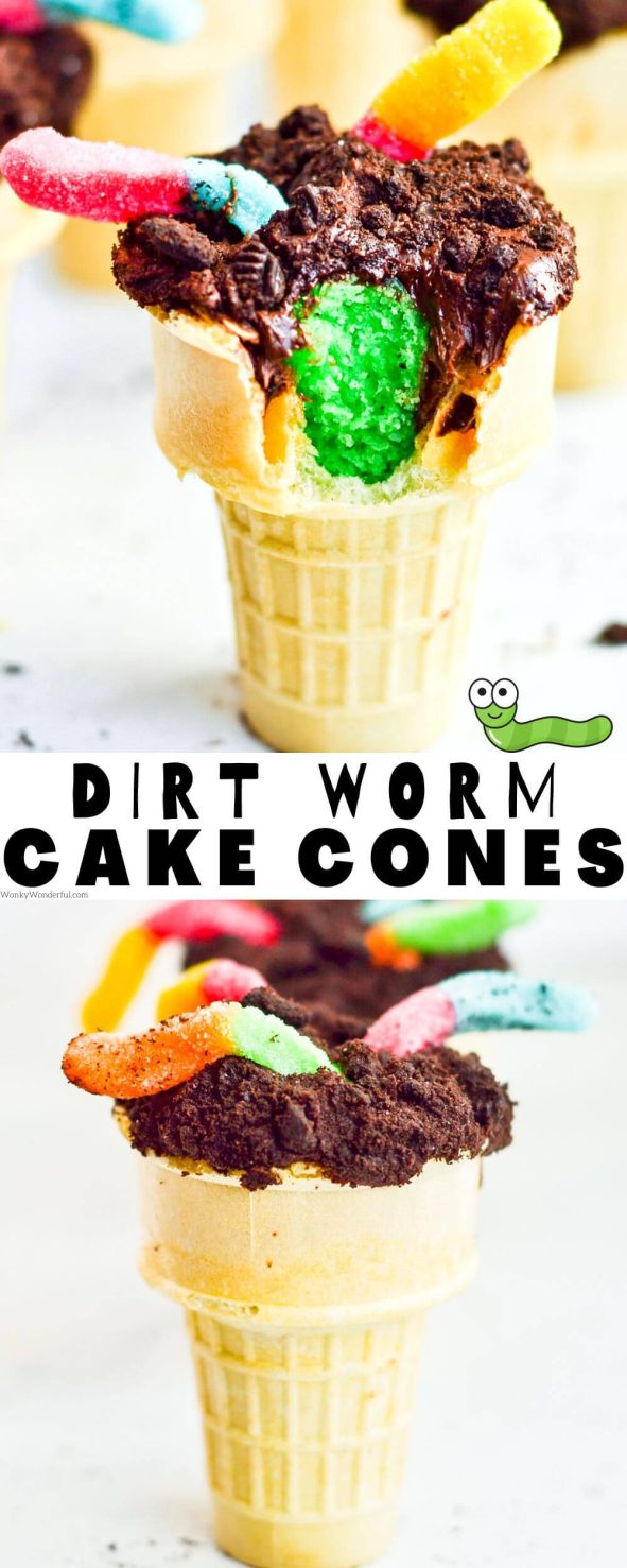 Make these Dirt Worm Cake Cones for a creepy delicious treat for the kids. Cake baked in ice cream cones topped with frosting and Oreo dirt then garnished with gummy worms. Perfect for Halloween, birthday parties or just a fun dessert. dirt work cake cones pinnable image with title text