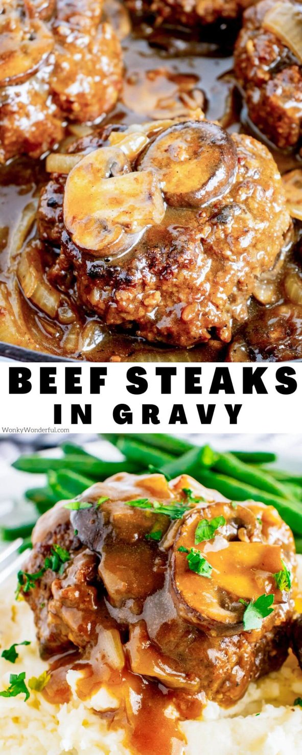 Make this Salisbury Hamburger Steak Recipe whenever you are craving a comfort food dinner. Juicy hamburger steaks in brown gravy with onions and mushrooms. Great served over mashed potatoes, rice, pasta or served with vegetables. salisbury hamburger steak recipe pinnable image with title text