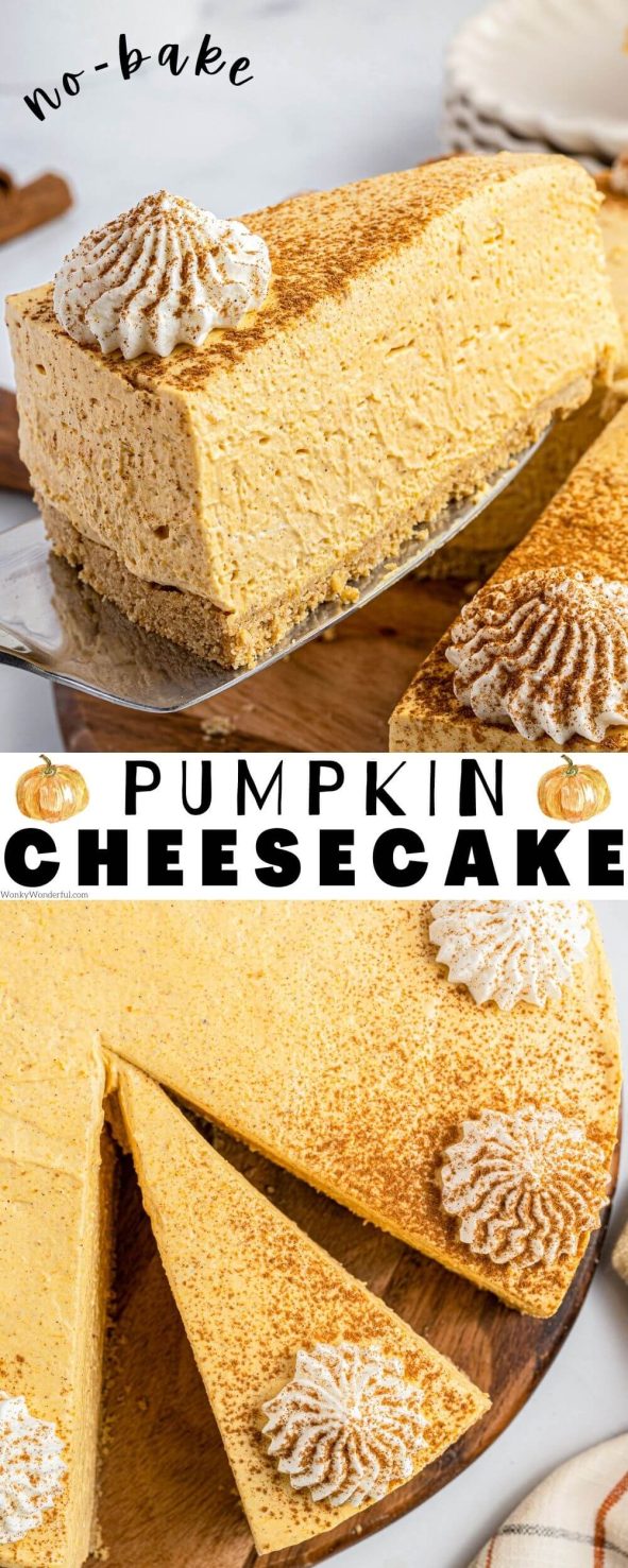 pumpkin cheesecake pinnable image with title text