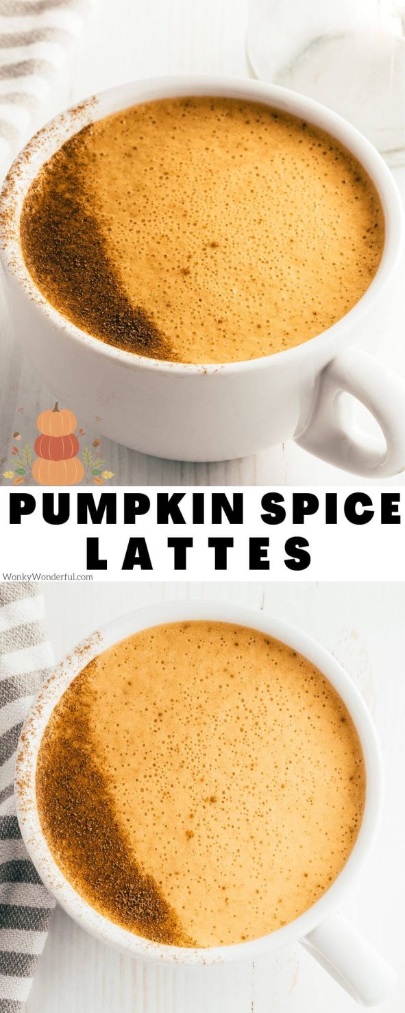 Inspired by everyone's favorite Starbucks holiday flavored coffee, this Homemade Pumpkin Spice Latte will get you into the Fall mood. This copycat recipe is a slightly healthier version and the perfect way to start your mornings. pumpkin spice latte pinnable image with title text