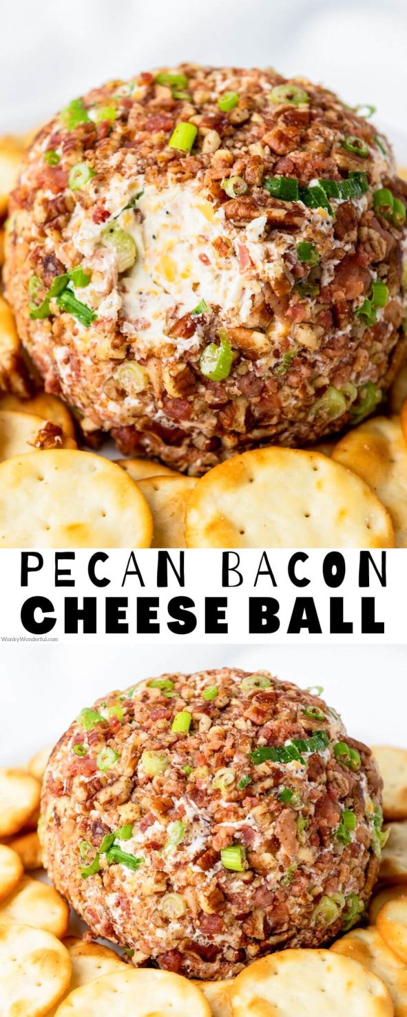 bacon cheese ball pinnable image with title text