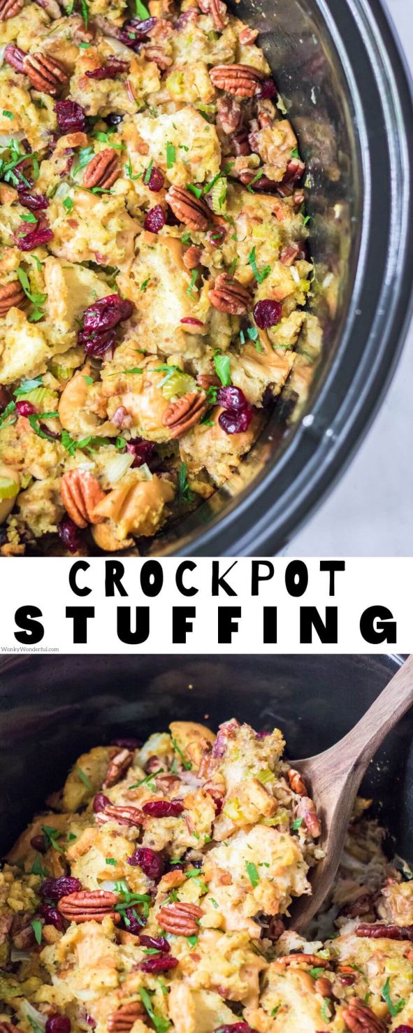 If you need a great dressing for the holidays this Crockpot Stuffing Recipe is it! Celery, onion, butter, cranberries, seasons, French bread and pecans make up this delicious stuffing. crockpot stuffing pinnable image with title text