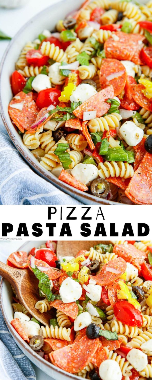 pizza pasta salad pinnable image with title text