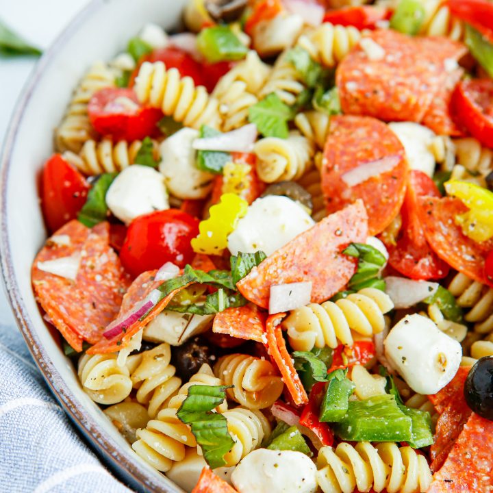 colorful pasta salad in serving dish