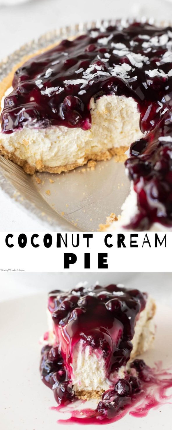 This No Bake Coconut Cream Pie is a quick, easy, no-fuss dessert recipe that is perfect for the holidays. A thick creamy coconut filling in a graham cracker crust, topped with luscious blueberry topping. coconut cream pie pinnable image with title text