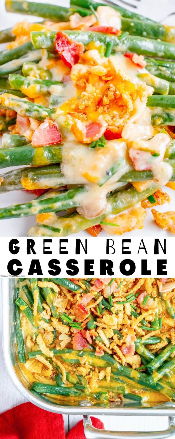 This Loaded Green Bean Casserole Recipe is an easy holiday side dish. Creamy green beans with bacon, cheese and fried onions. green bean casserole recipe pinnable image with title text