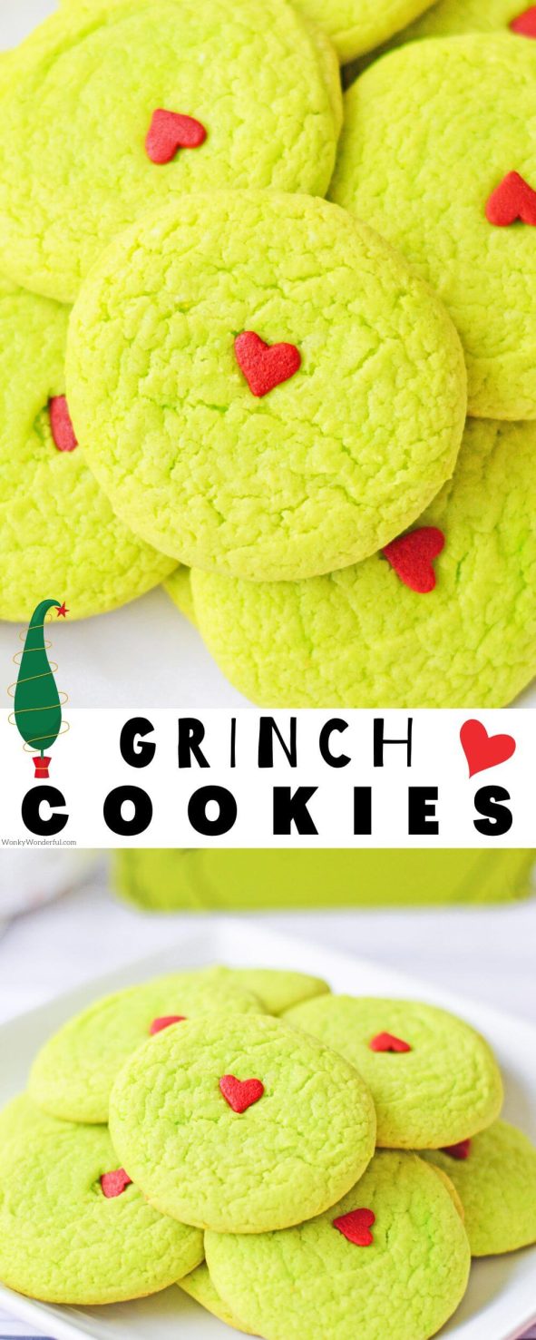Make these Grinch Cookies as a fun Christmas treat. Easy cake mix cookies colored green with red heart sprinkles for that Grinch look. grinch cookies pinnable image with title text