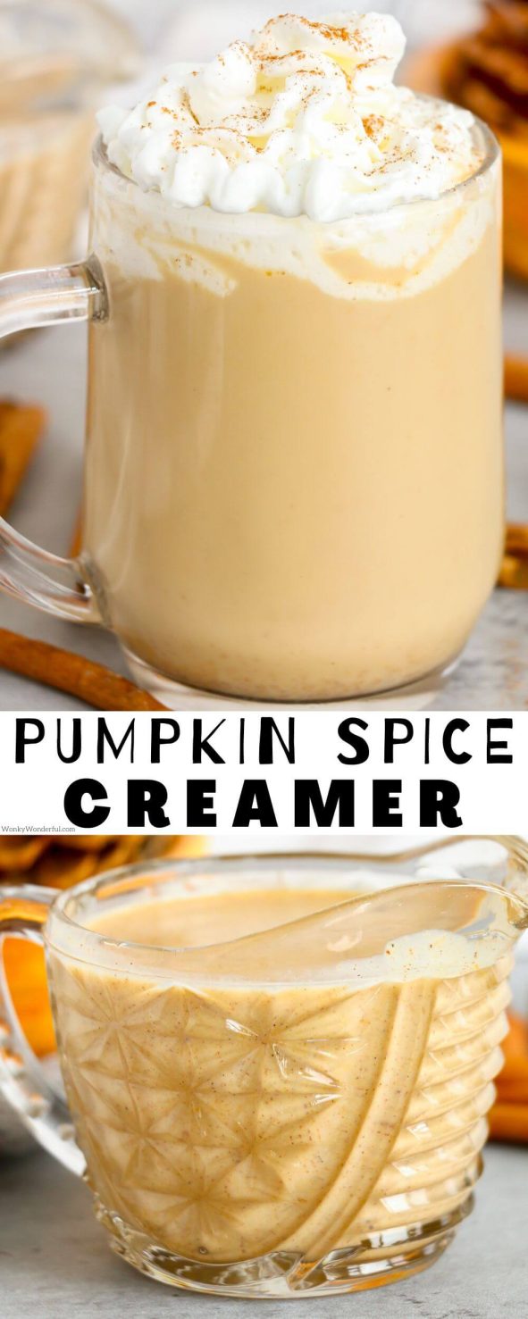 This Homemade Pumpkin Spice Creamer is the perfect addition to your coffee for that Fall flavor. This easy recipe is a simple blend of heavy cream, maple syrup, pumpkin puree, pumpkin spice, cinnamon, sweet condensed milk and vanilla. pumpkin spice creamer pinnable image with title text