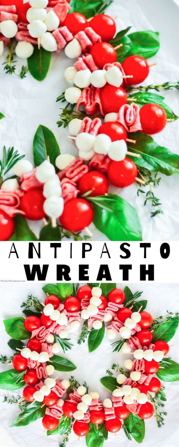 This Antipasto Wreath is a fantastic holiday appetizer or to serve for any occasion. Salami, tomatoes, mozzarella and fresh herbs are all you need to make this fresh and simple appetizer. antipasto wreath pinnable image with title text
